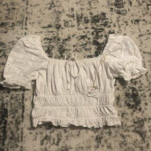 Super feminine White Puff Sleeve Eyelet Floral peasant off the shoulder Crop Top